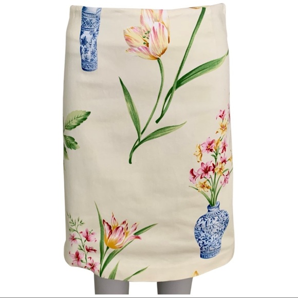 YUKA RESORT Floral Blue Vase Cotton Pencil Skirt - Picture 3 of 13